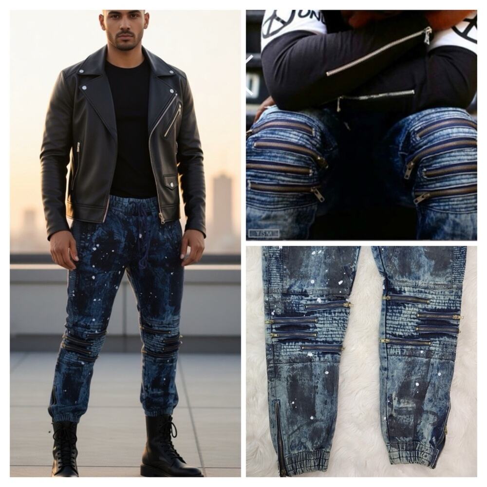 NWOT PEACE UNLTD NY Blue Acid Wash Paint Splatter Distressed Moto Joggers Grunge